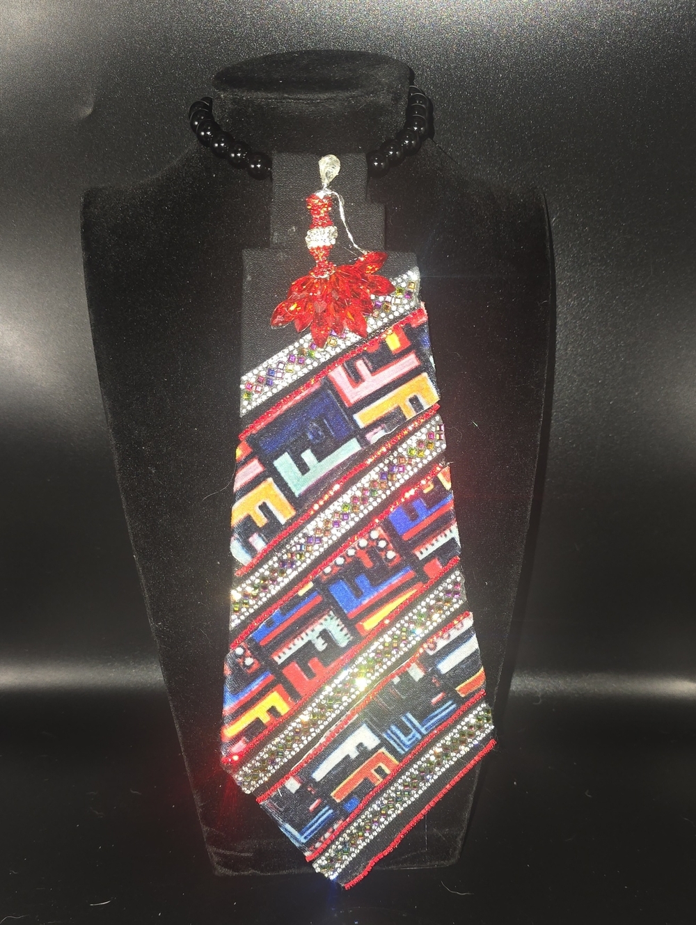 Red Multicolor Beaded Statement Pendant Necklace - Women Jewelry